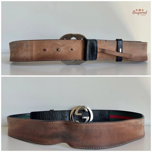 Authentic Gucci Web Green/Red Canvas Silver Interlocking G Buckle Belt 95/38 - Picture 6 of 14